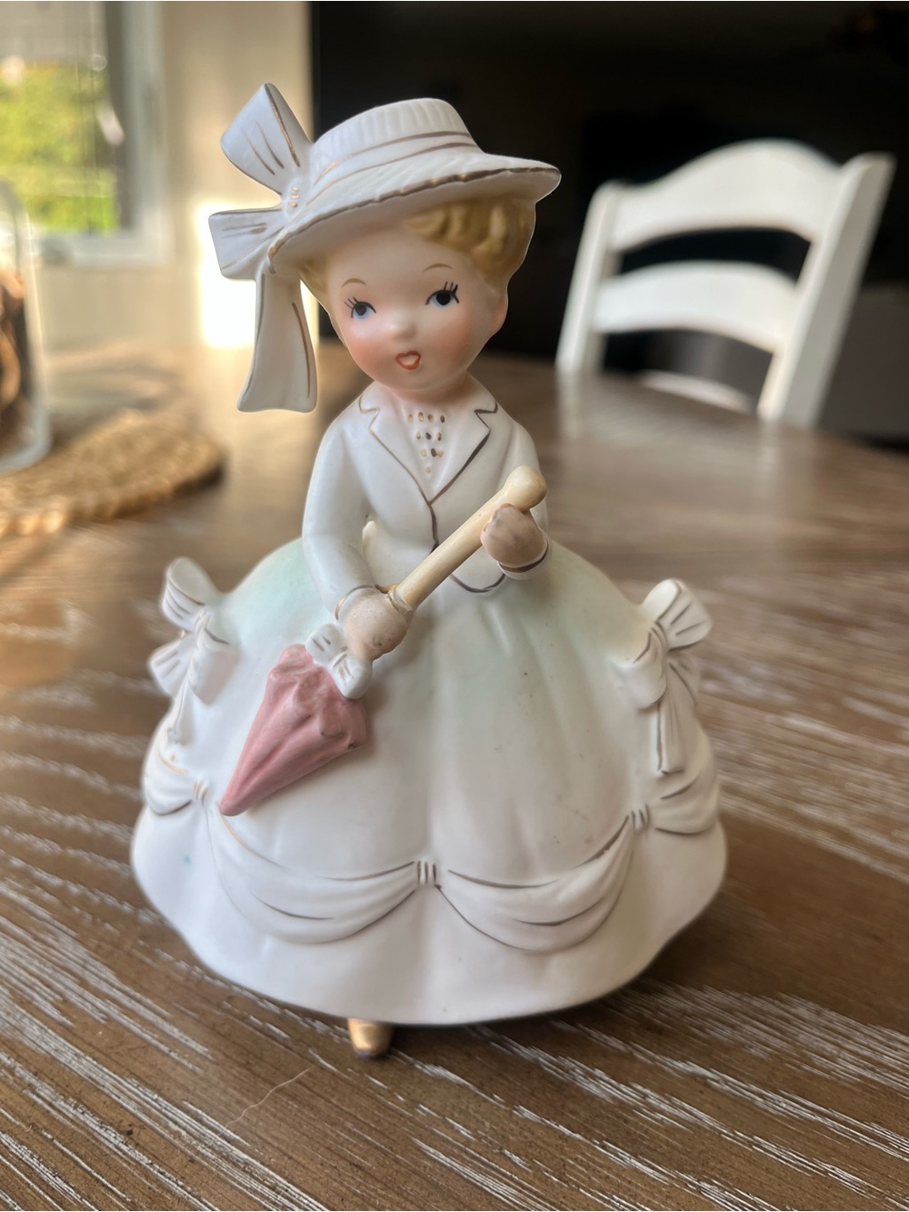 Relpo K1399 Vintage Porcelain Figurine Girl Planter with Pink Umbrella Japan